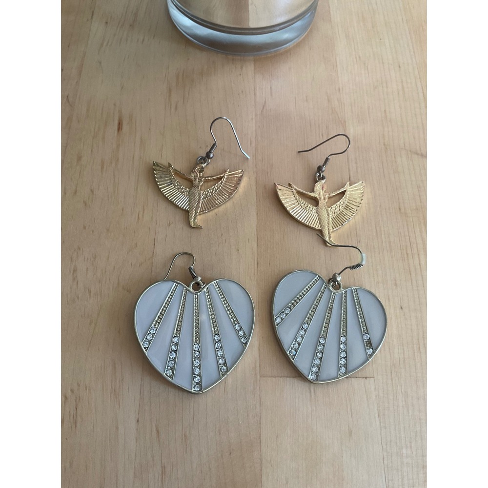 Lot 2 Pairs Gold Tone Earrings Egyptian Winged Goddess & Rhinestone Hearts